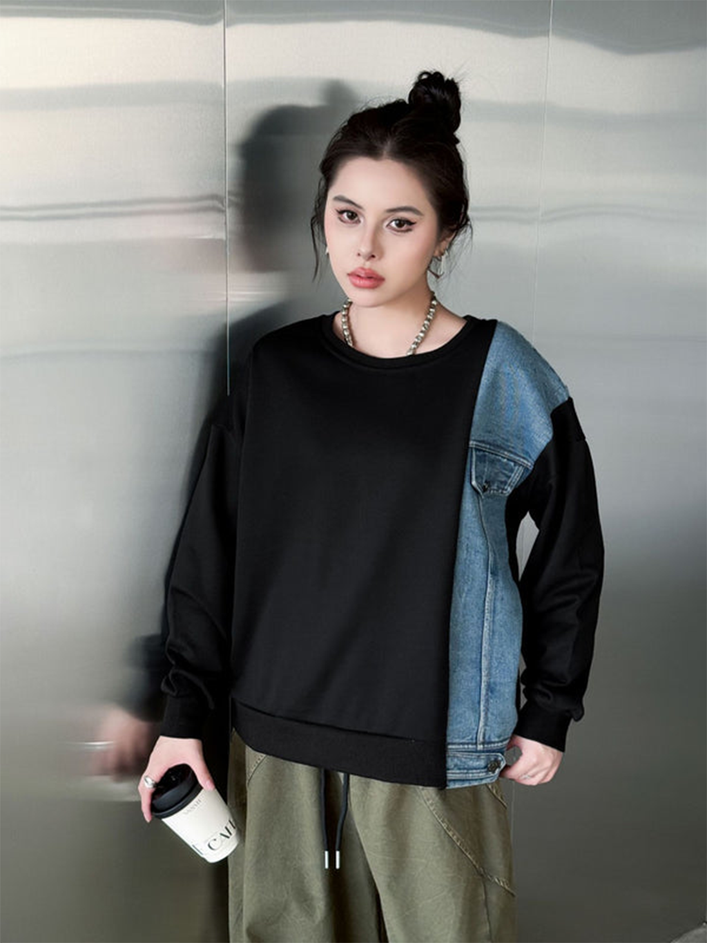 Denim stitch contrast top