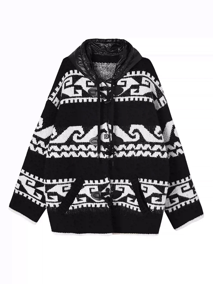ジオパターンニットフードカーディガン