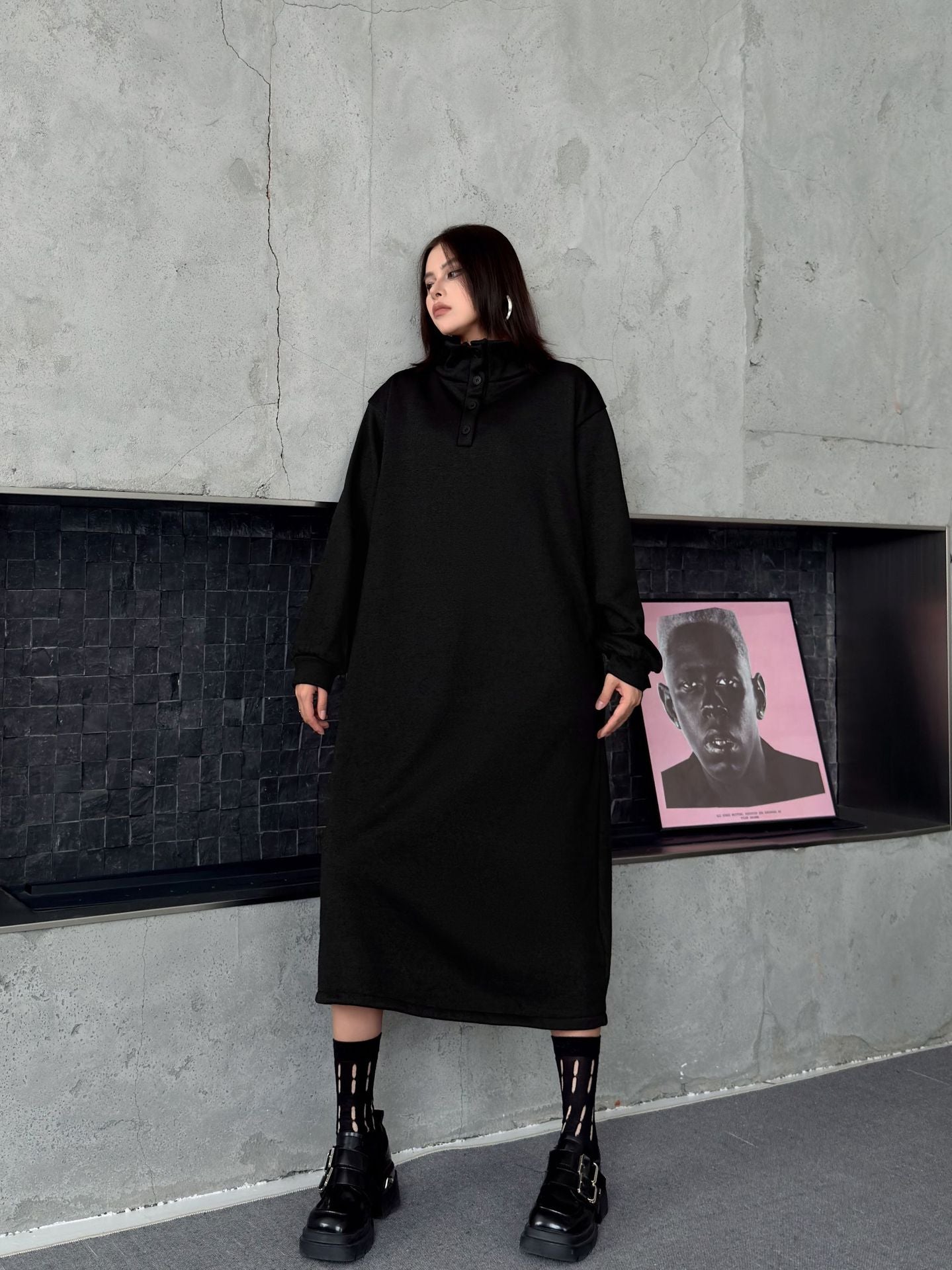 ハイネックボタンロングドレス