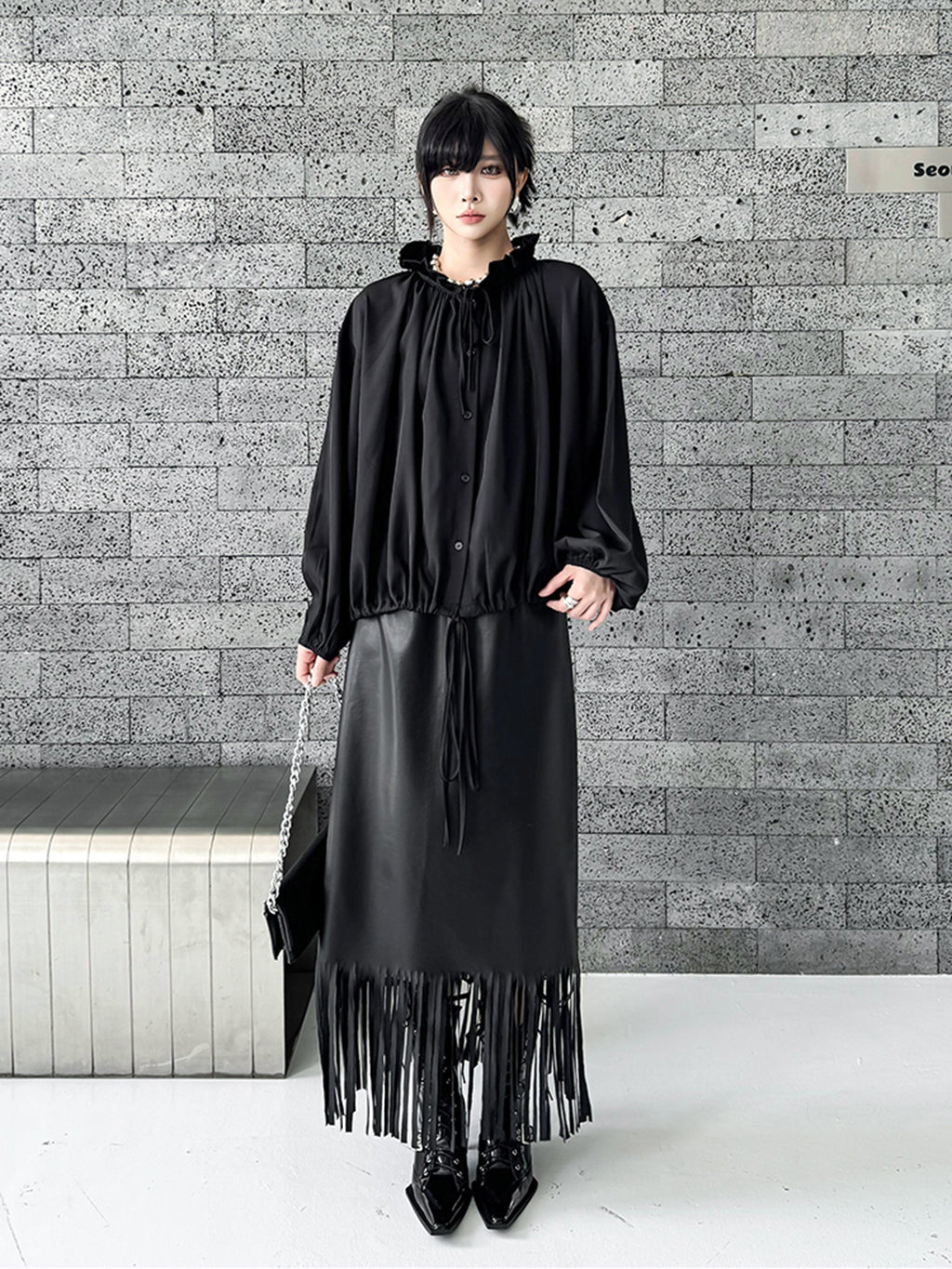 Scarf tie blouse and denim pants series