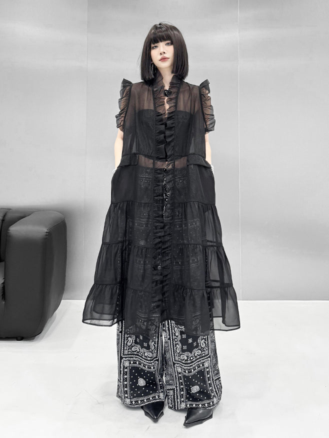 Frill sheer tiered long dress