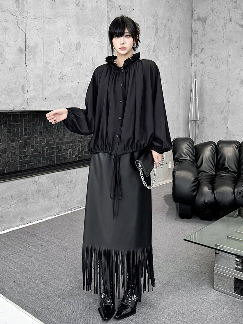 Scarf tie blouse and denim pants series