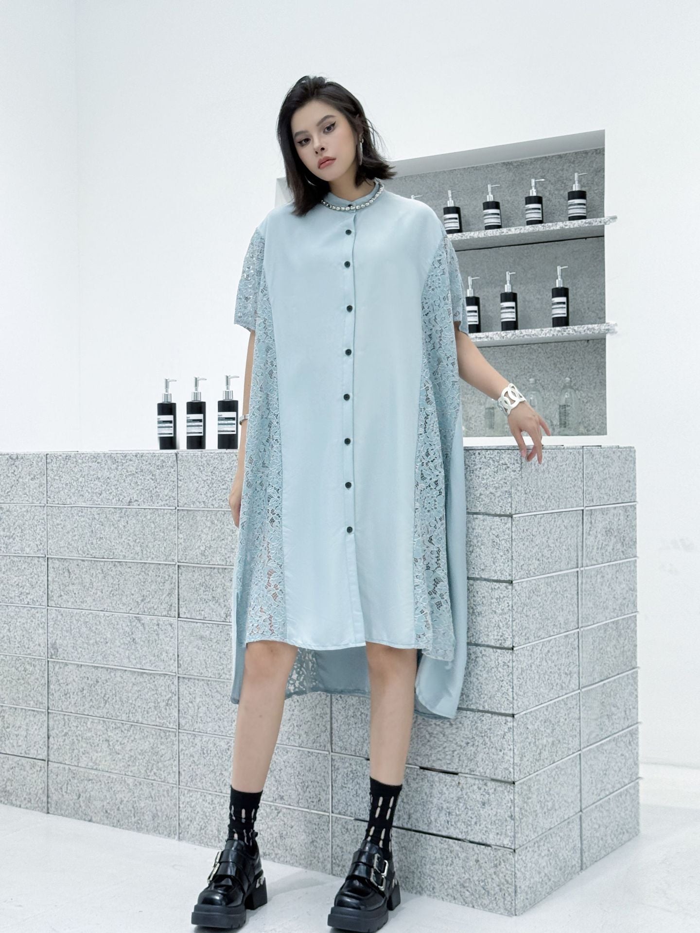 Lace slit shirt dress