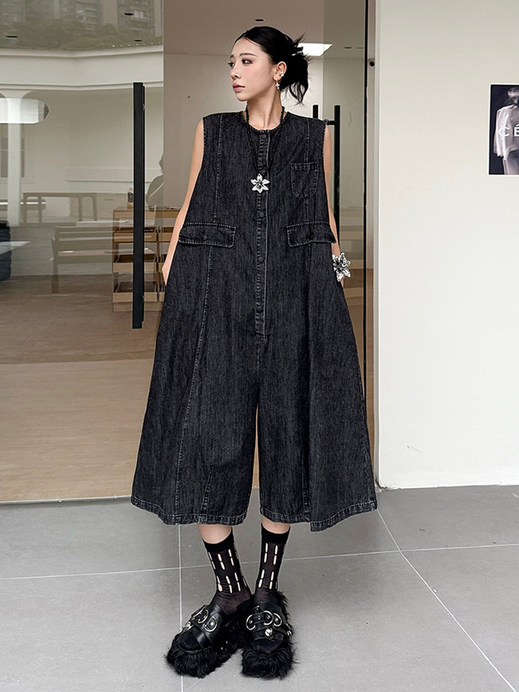 Black denim jumpsuit