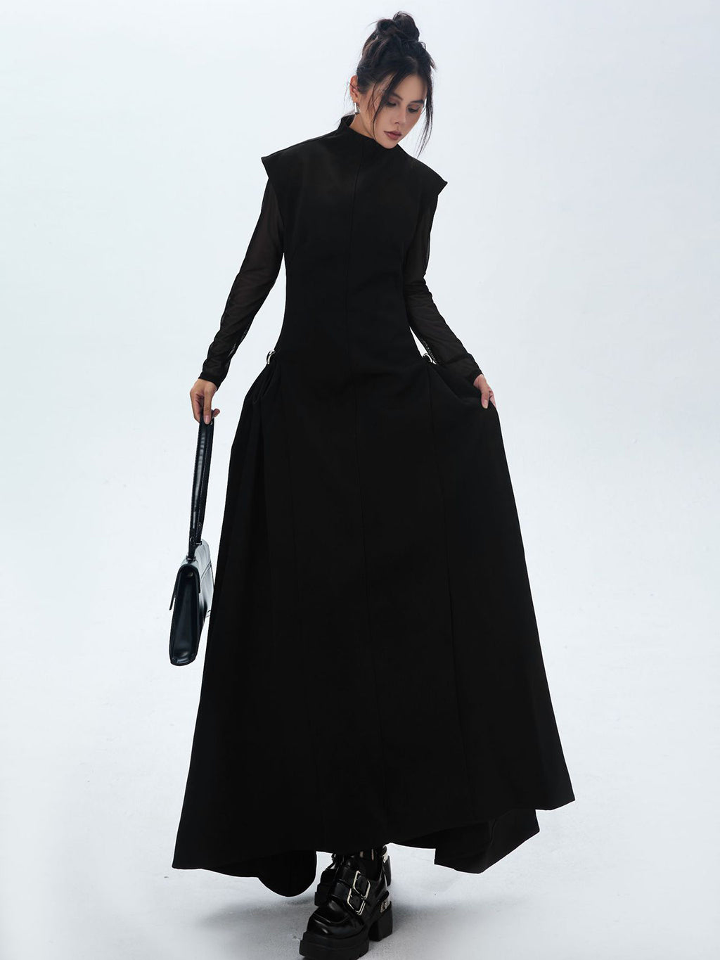 High neck long flared dress