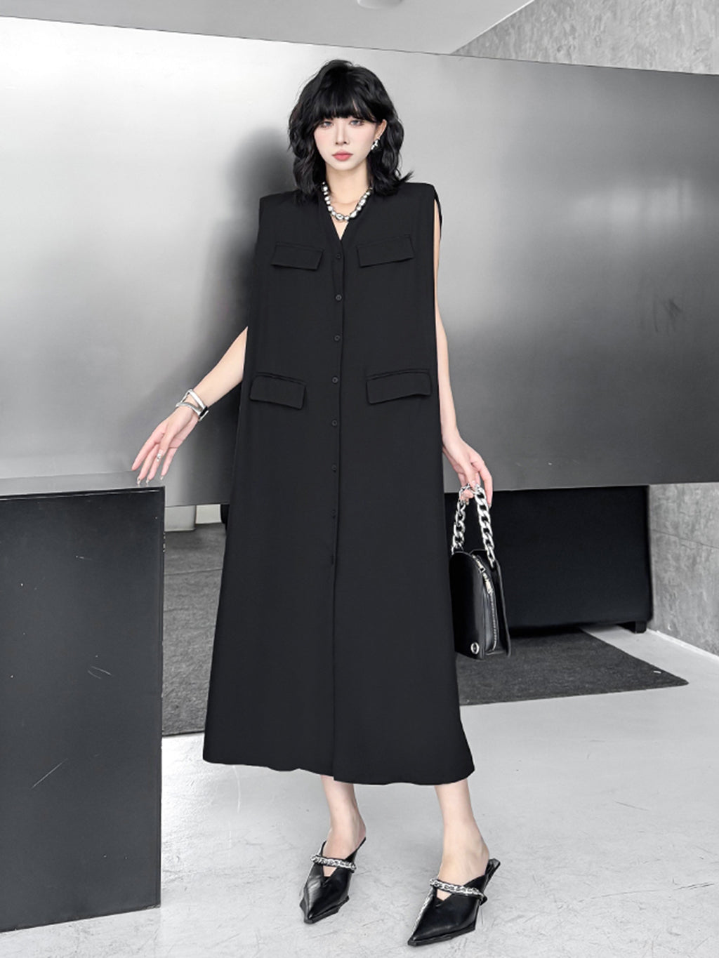 Pocket Detail Long Gilet Dress