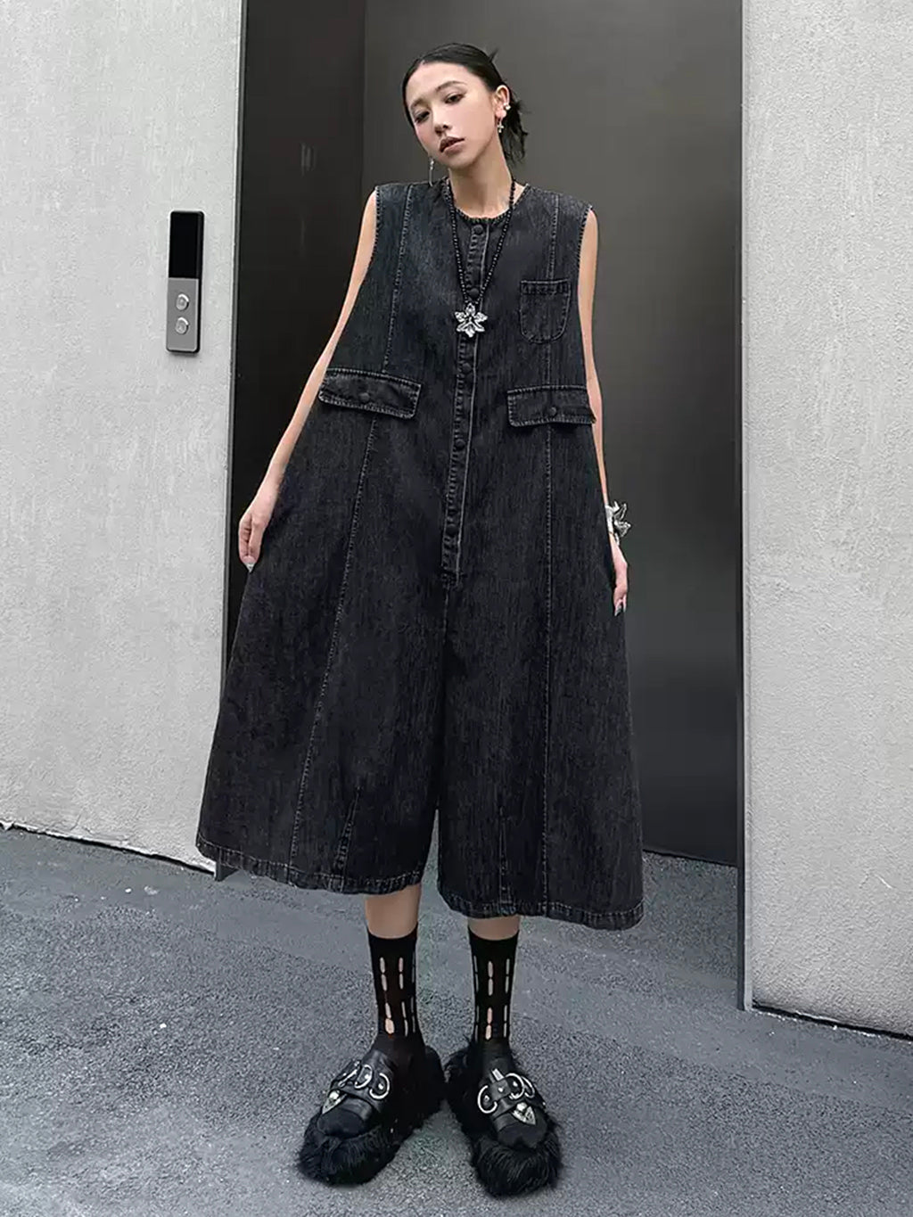 Black denim jumpsuit