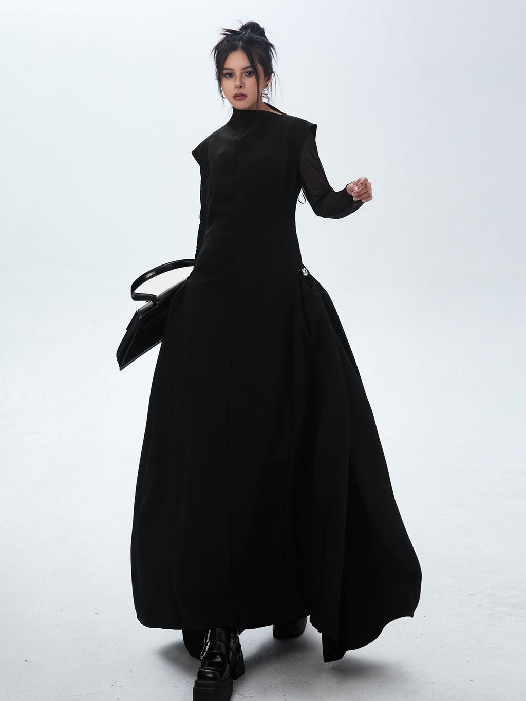 High neck long flared dress