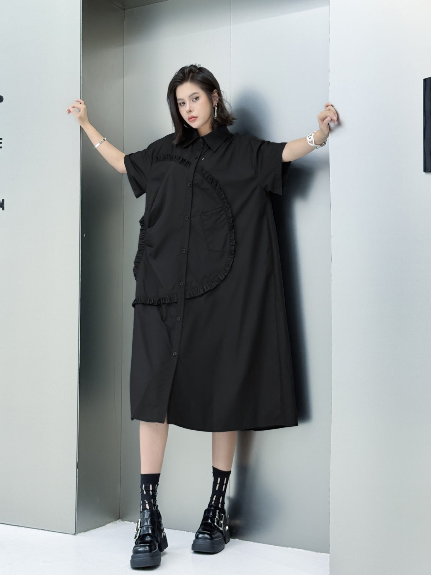 Round ruffle shirt dress