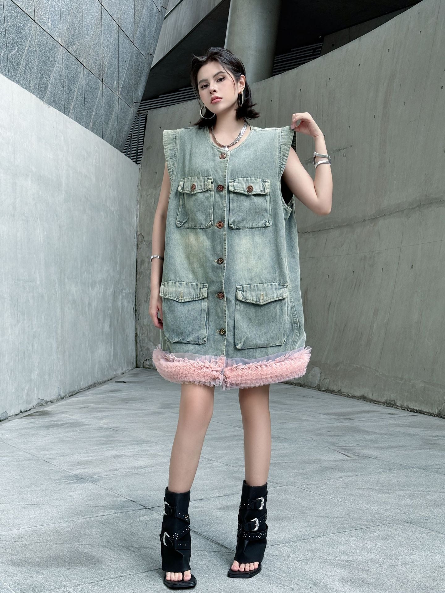 Scarf tie blouse and denim pants series