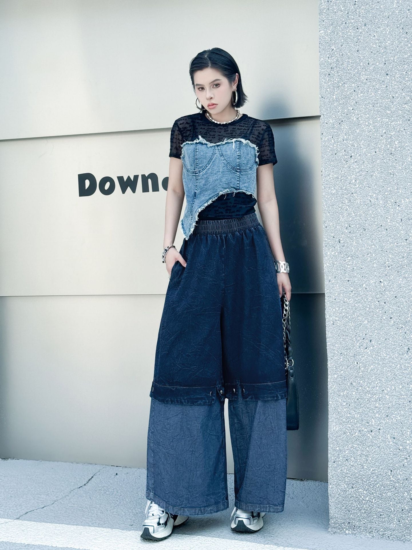 Scarf tie blouse and denim pants series