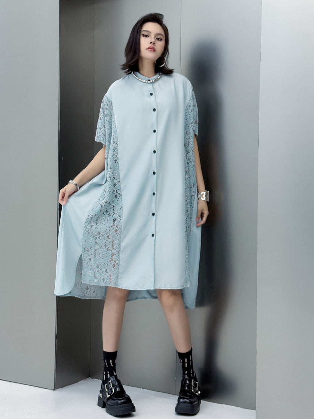 Lace slit shirt dress