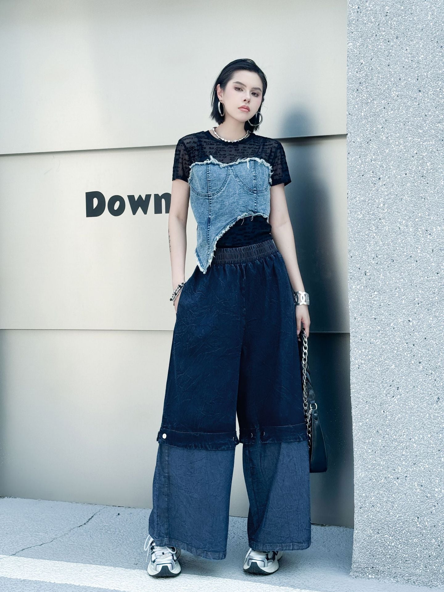 Scarf tie blouse and denim pants series