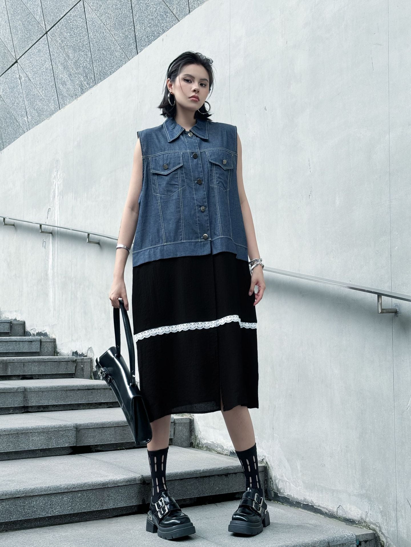 Scarf tie blouse and denim pants series