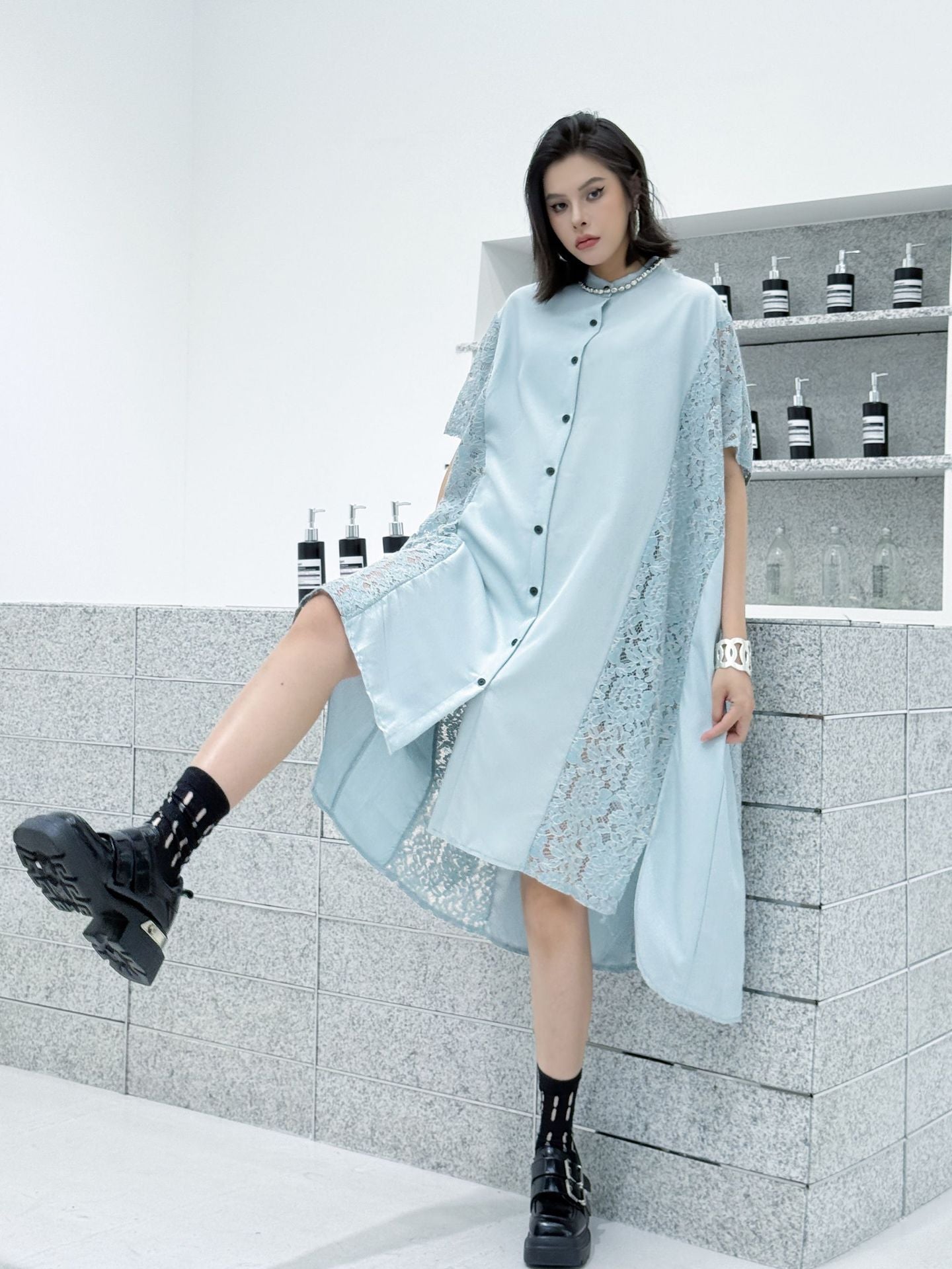 Lace slit shirt dress