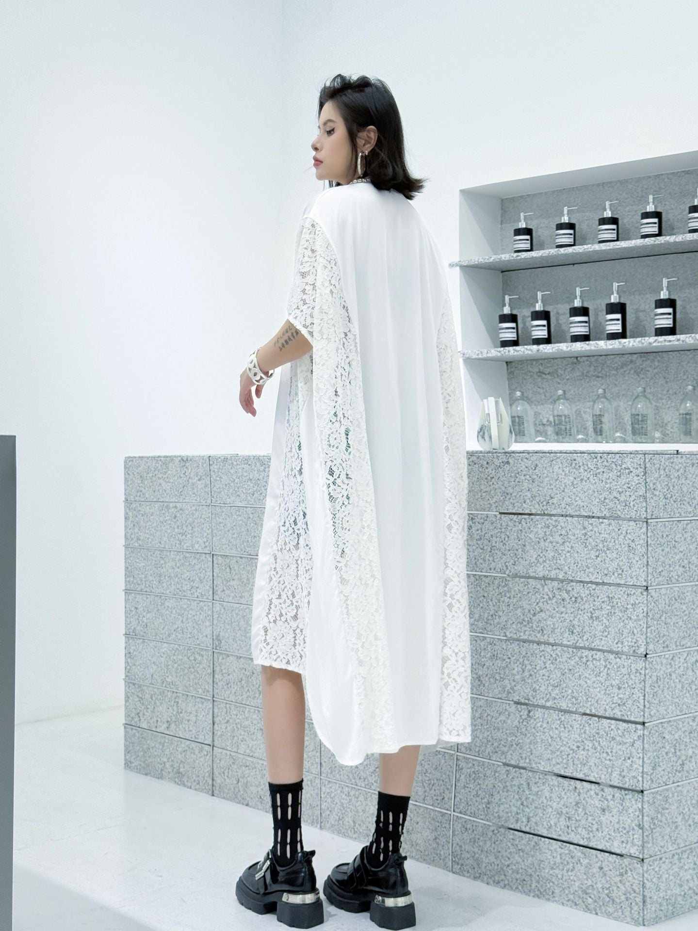 Lace slit shirt dress