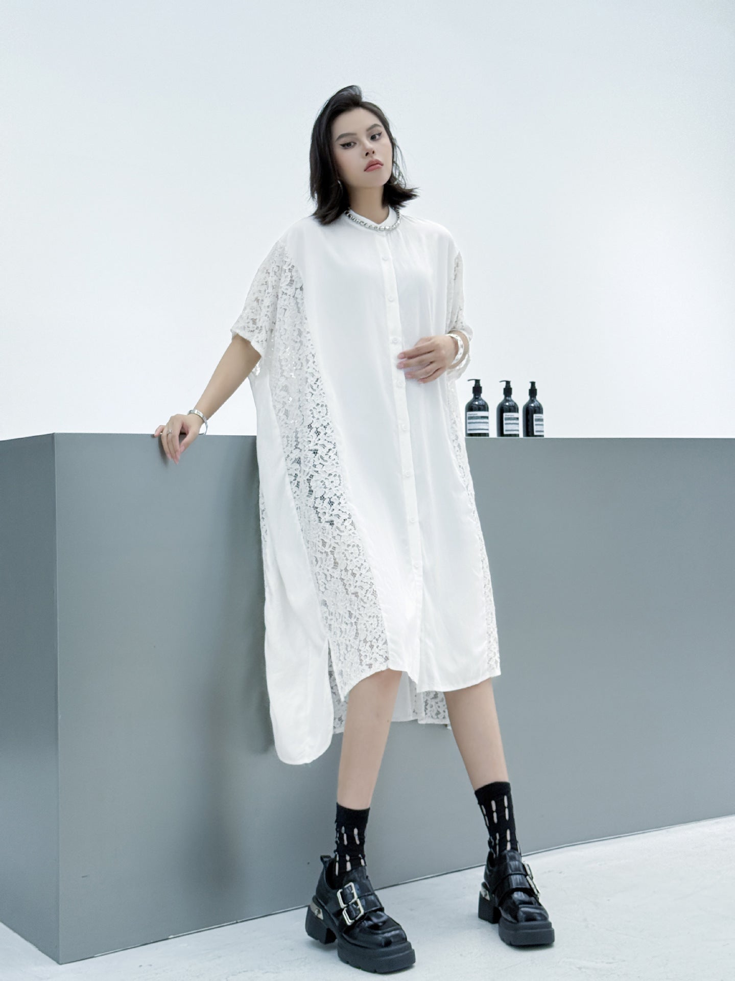 Lace slit shirt dress