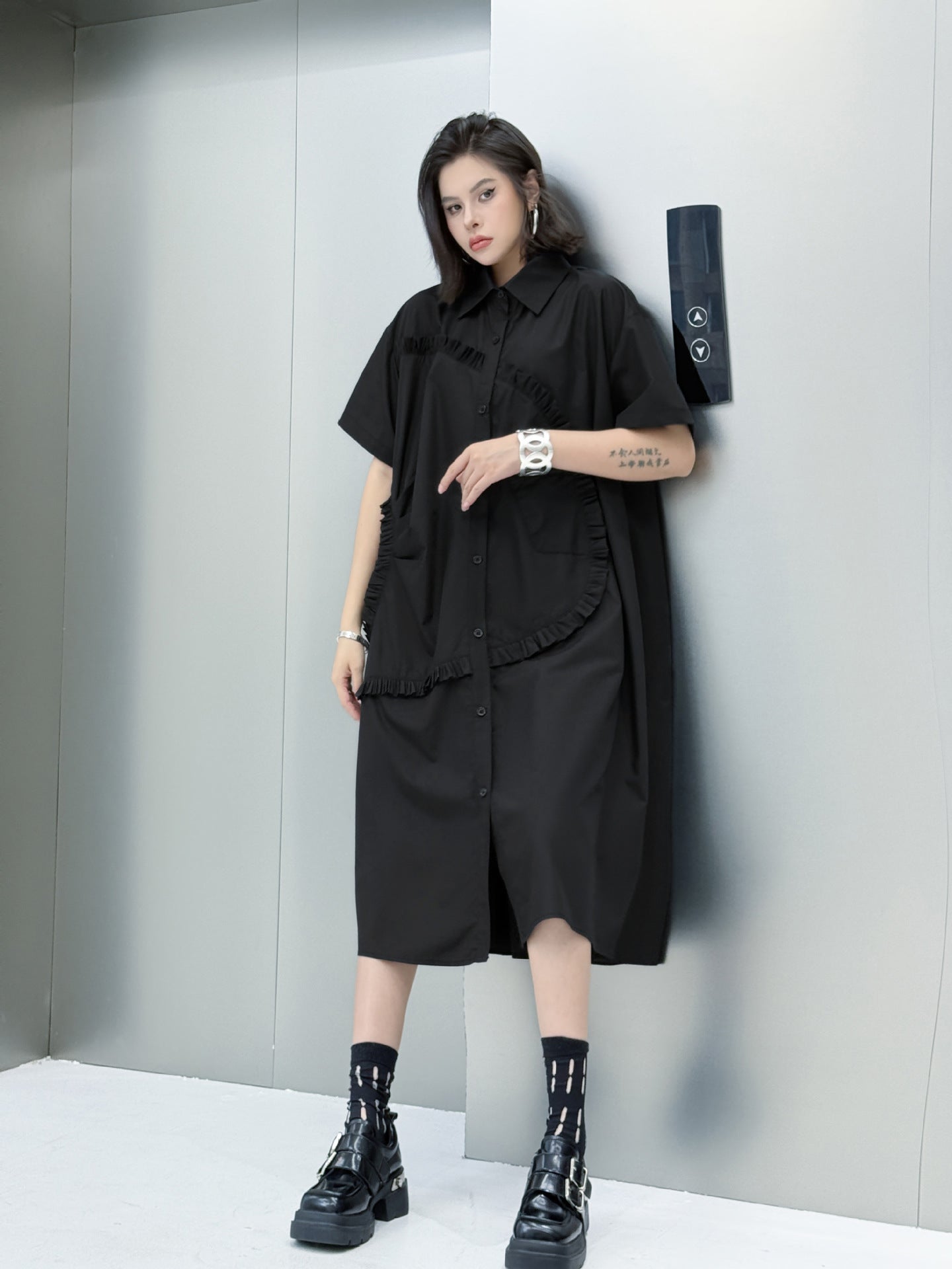 Round ruffle shirt dress