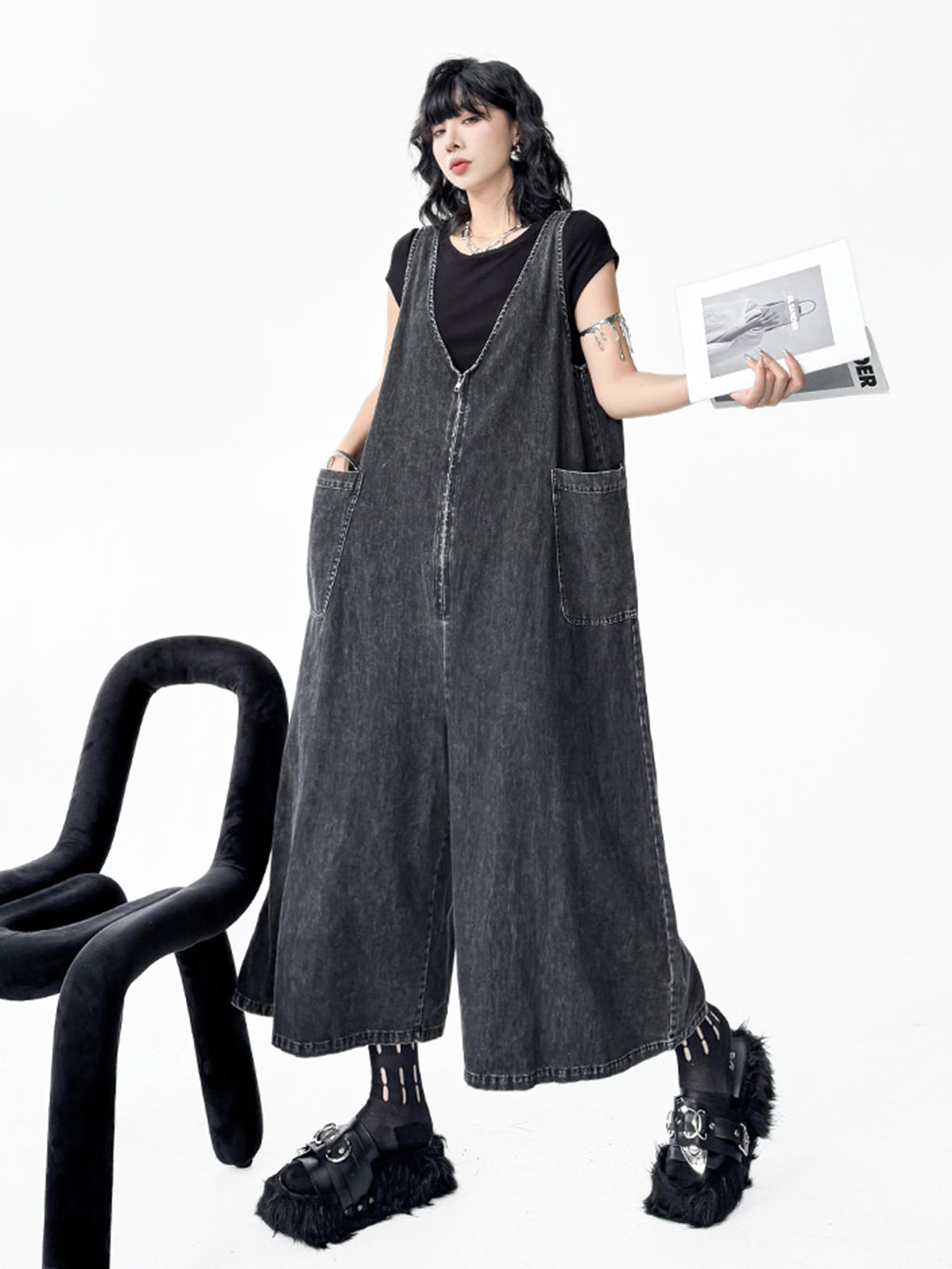 Sleeveless wide denim jumpsuit