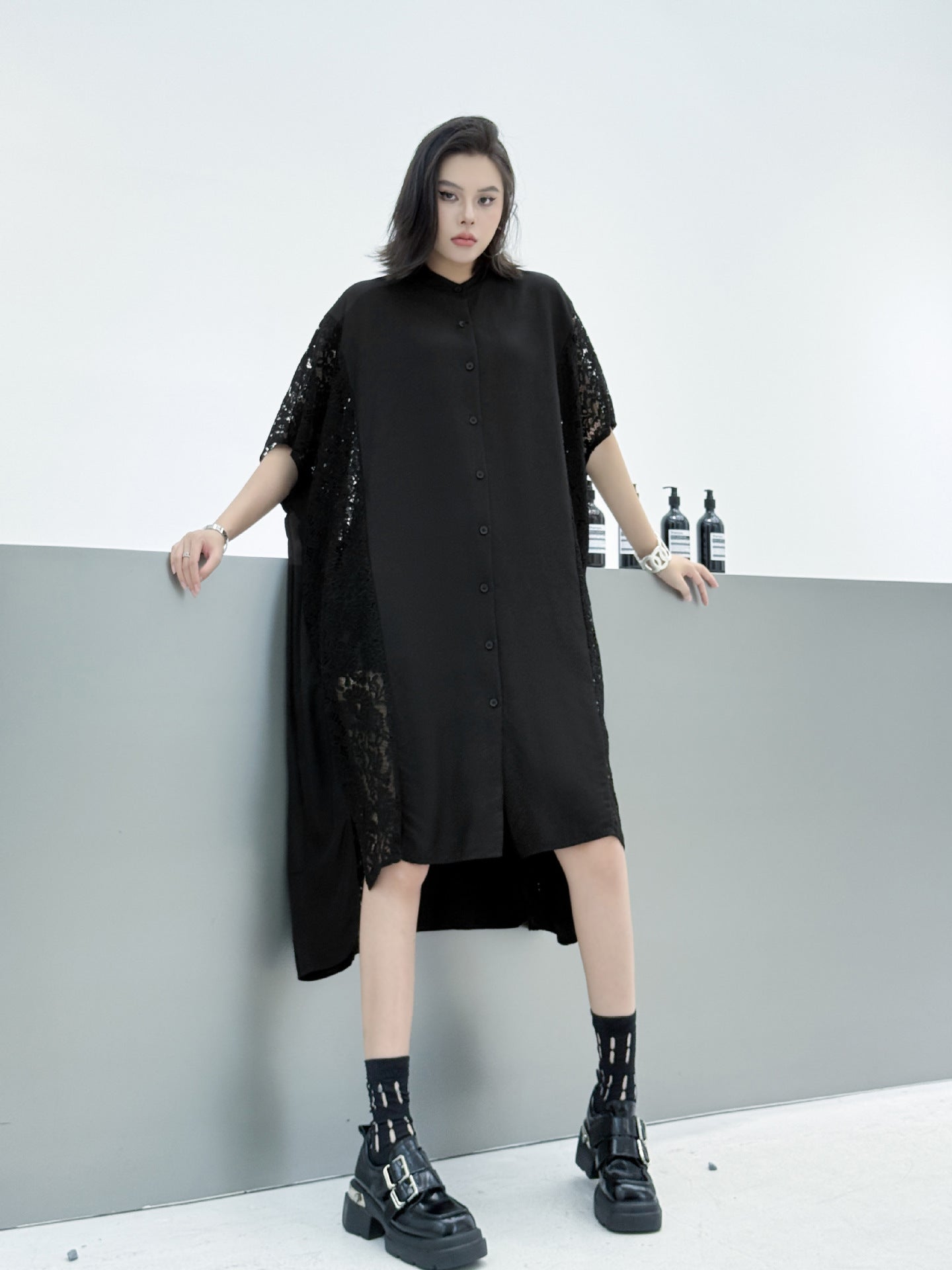 Lace slit shirt dress