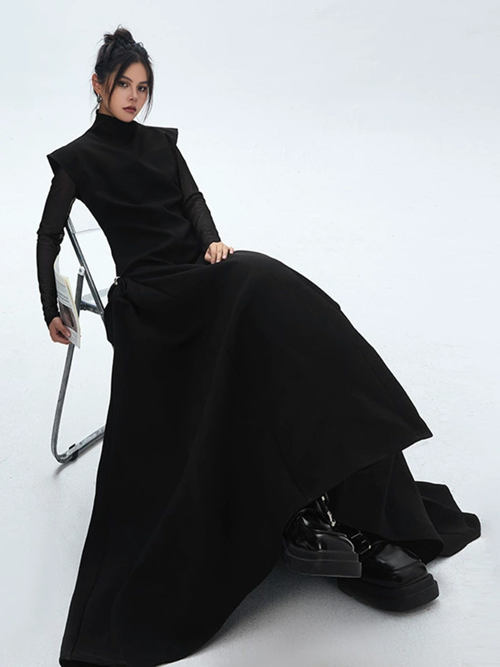 High neck long flared dress