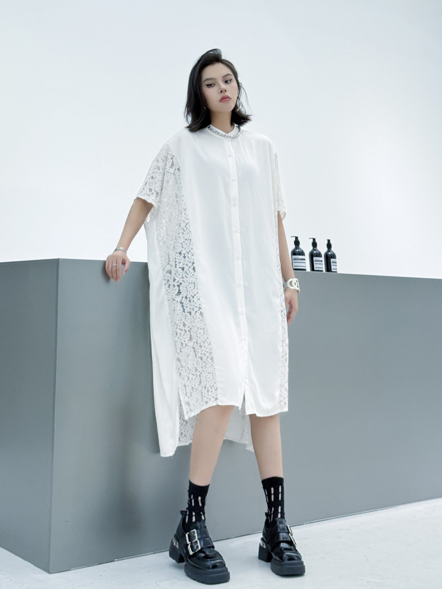 Lace slit shirt dress
