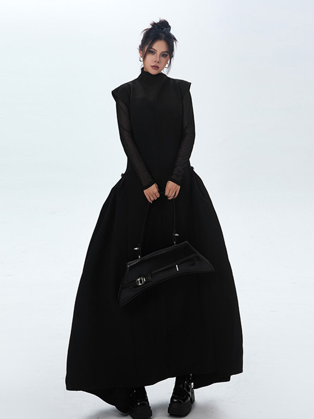 High neck long flared dress