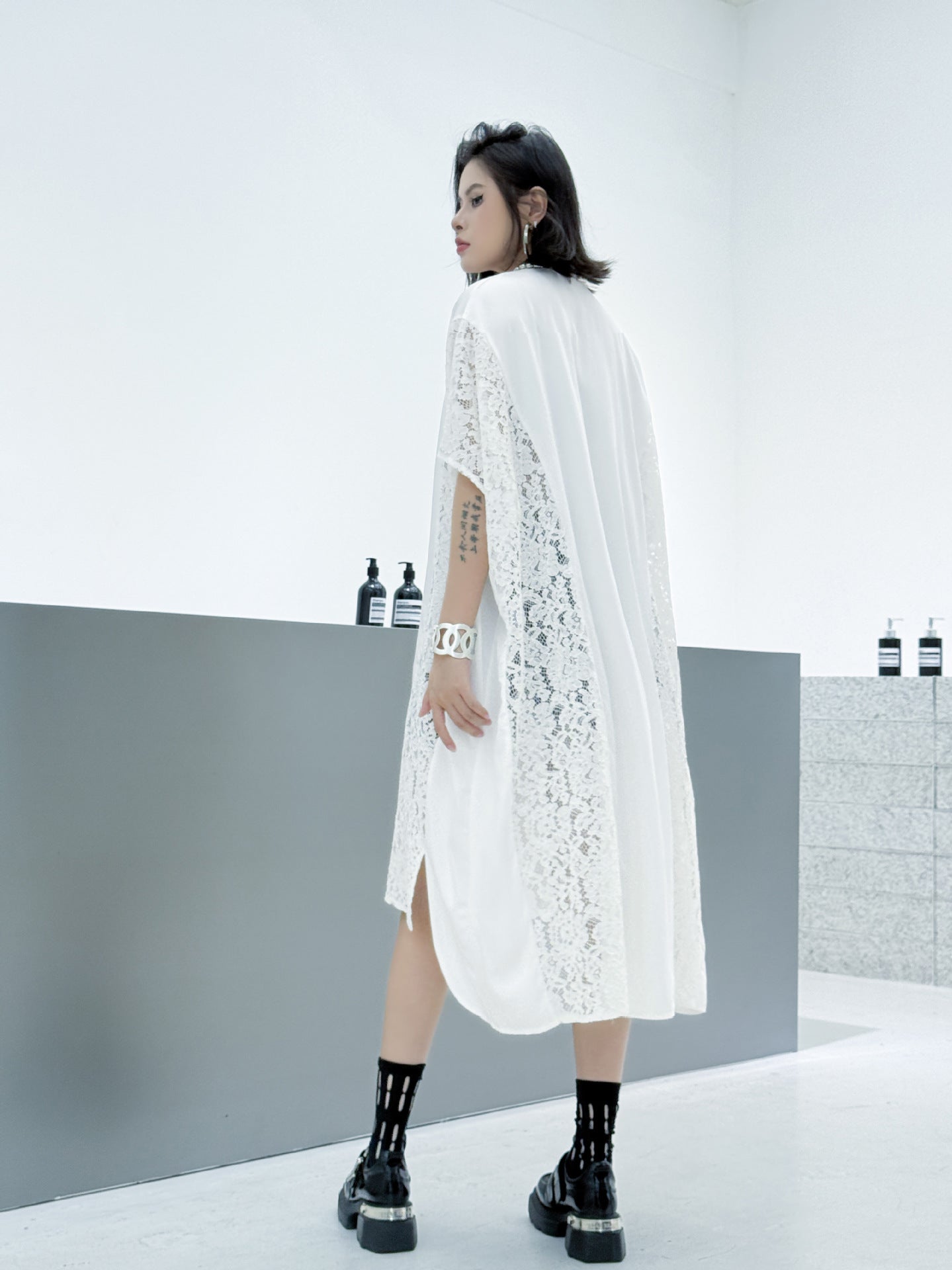 Lace slit shirt dress