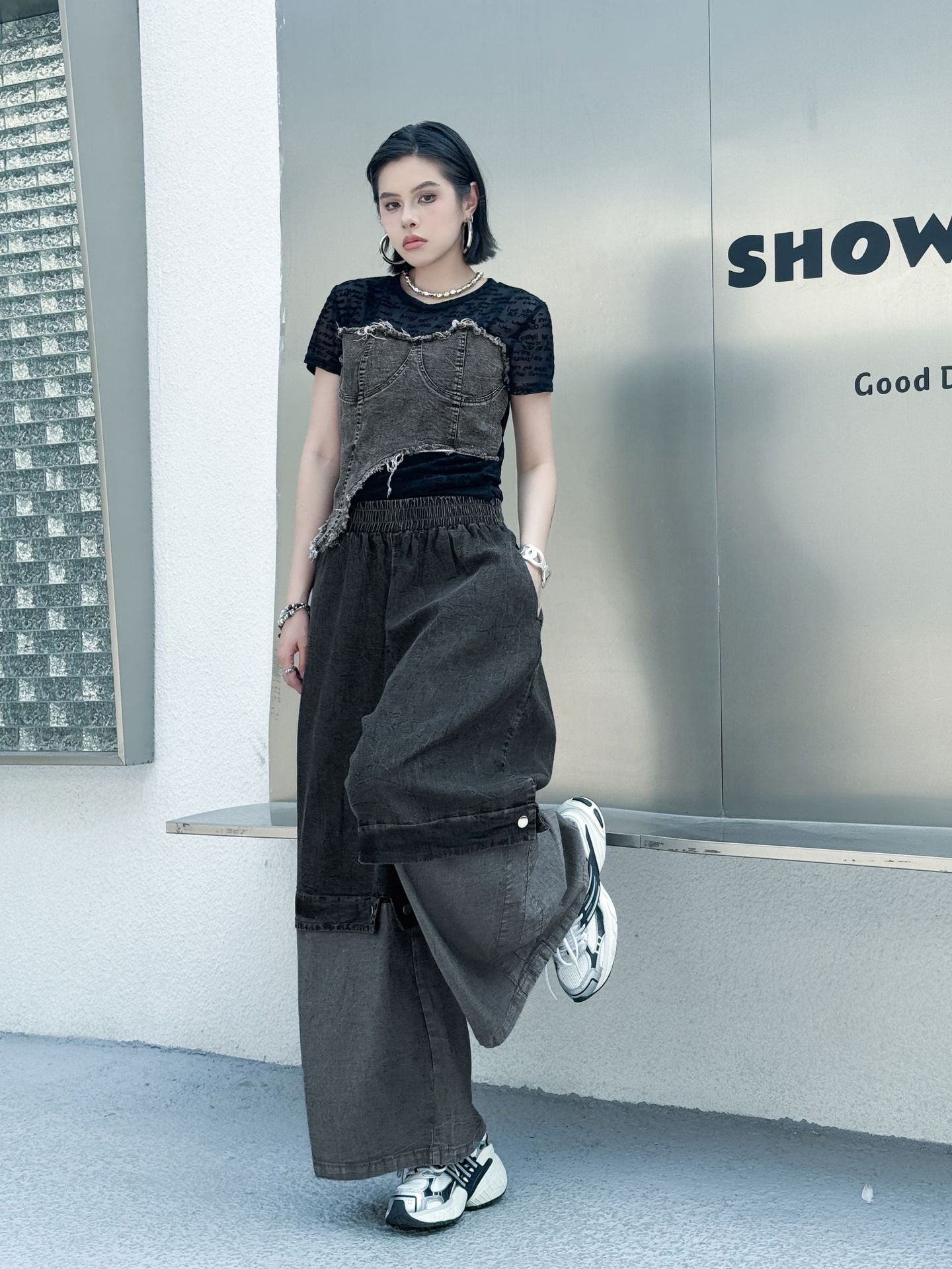 Scarf tie blouse and denim pants series