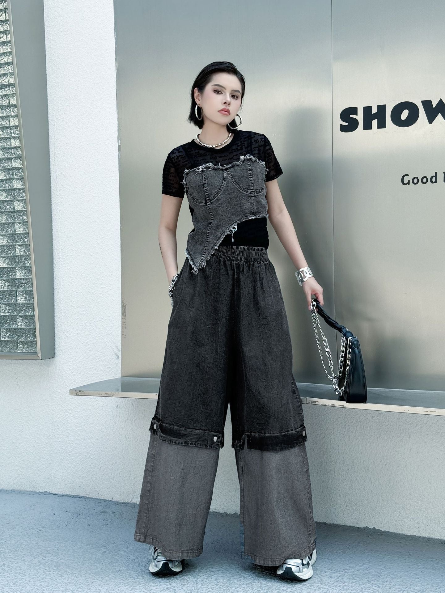 Scarf tie blouse and denim pants series