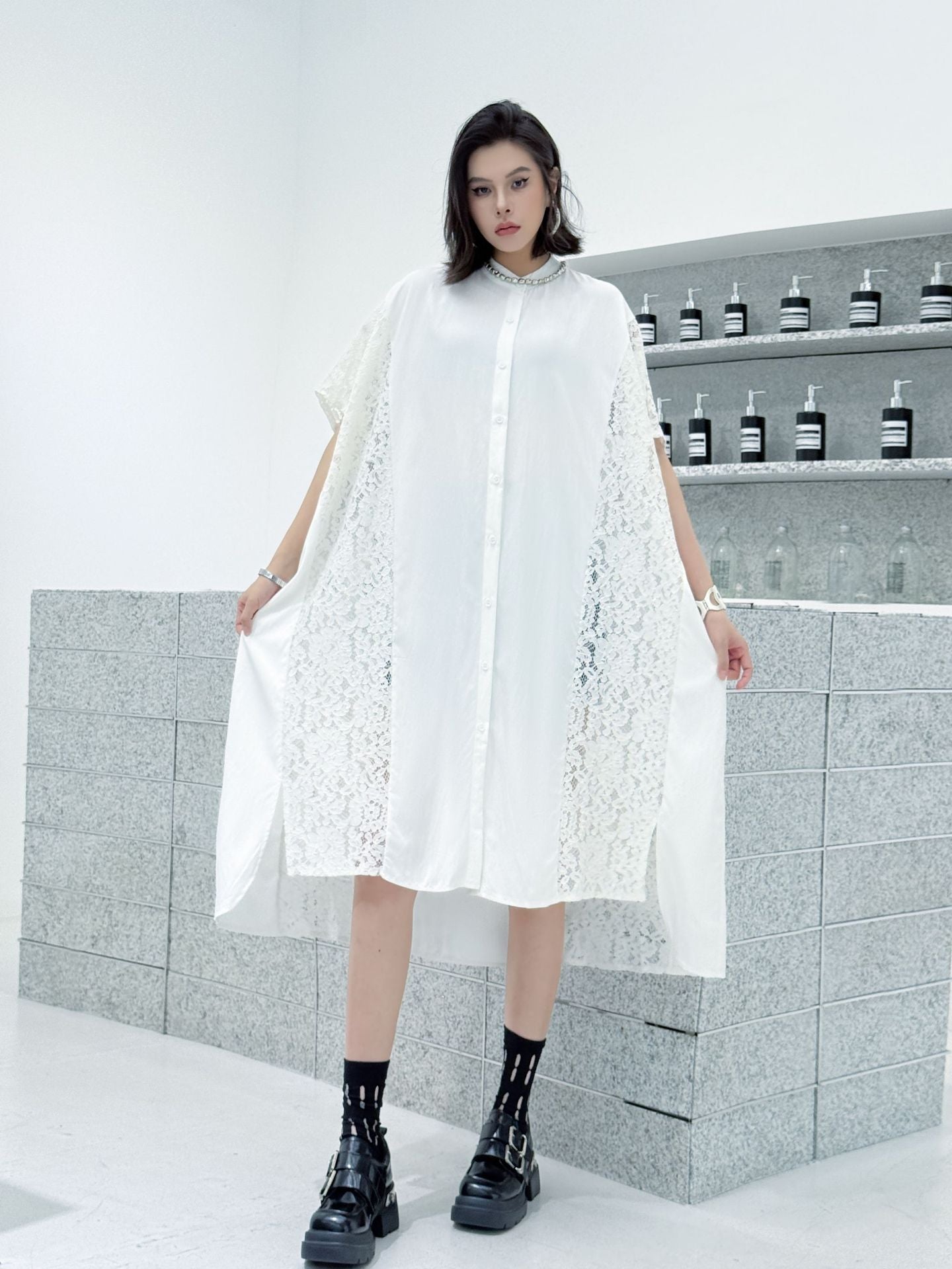 Lace slit shirt dress