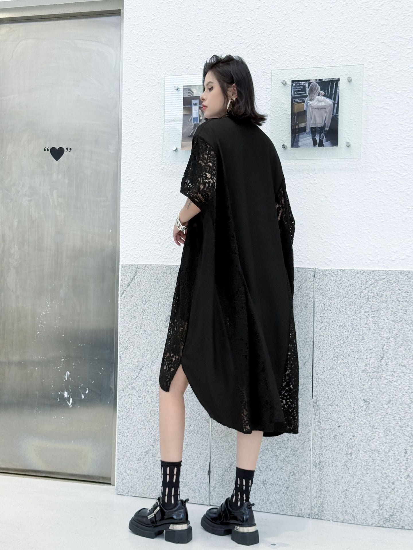 Lace slit shirt dress
