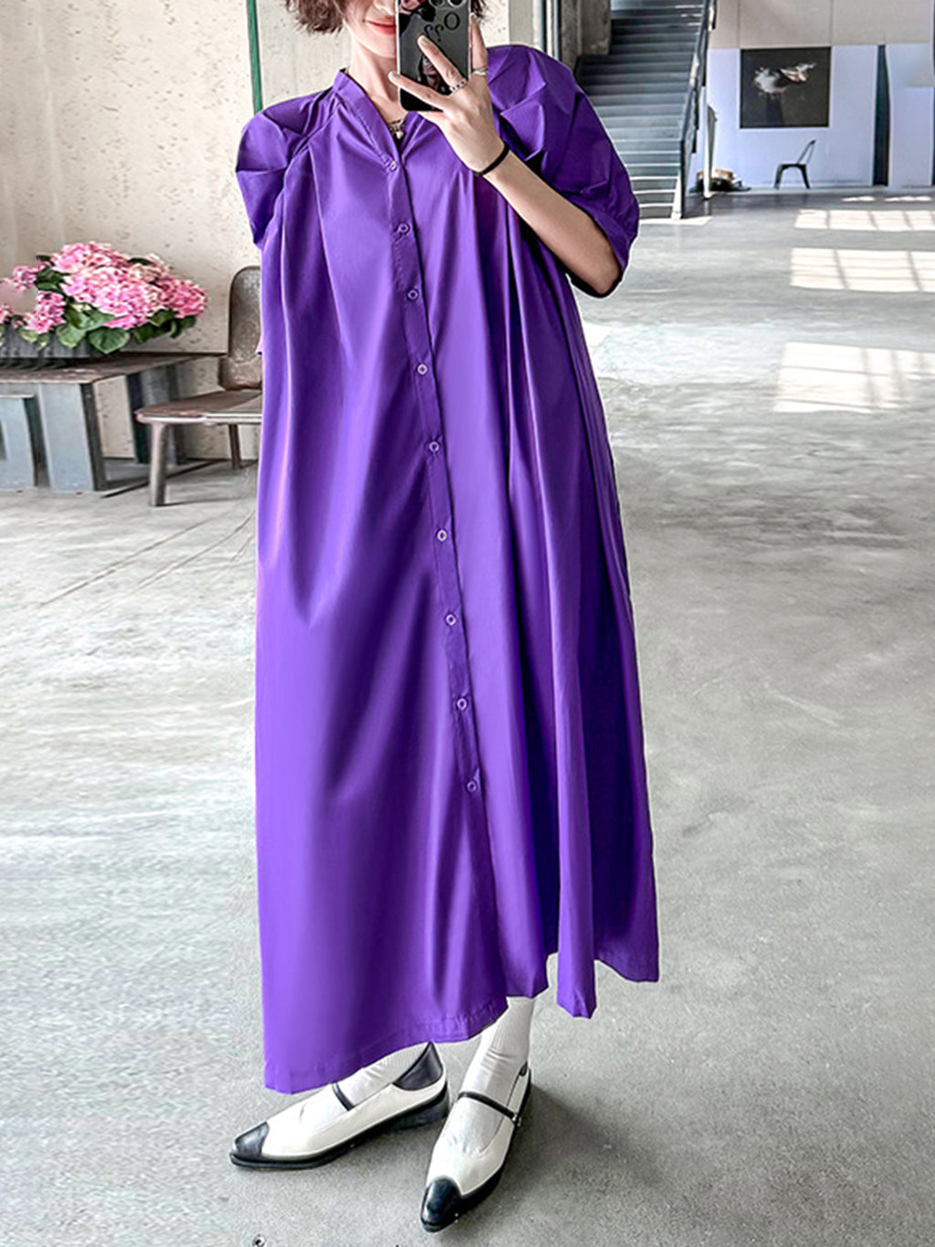 Balloon sleeve flared dress