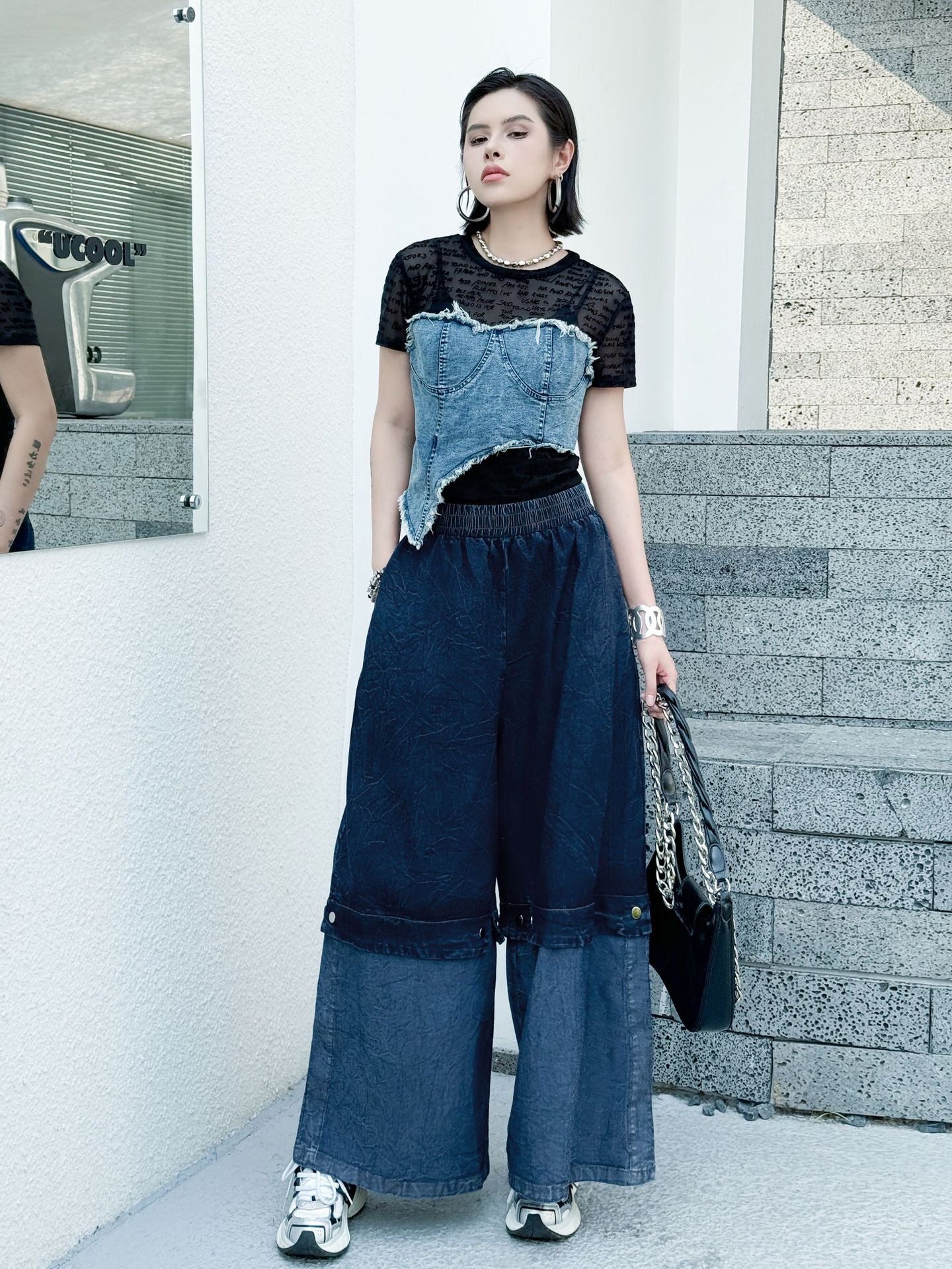 Scarf tie blouse and denim pants series