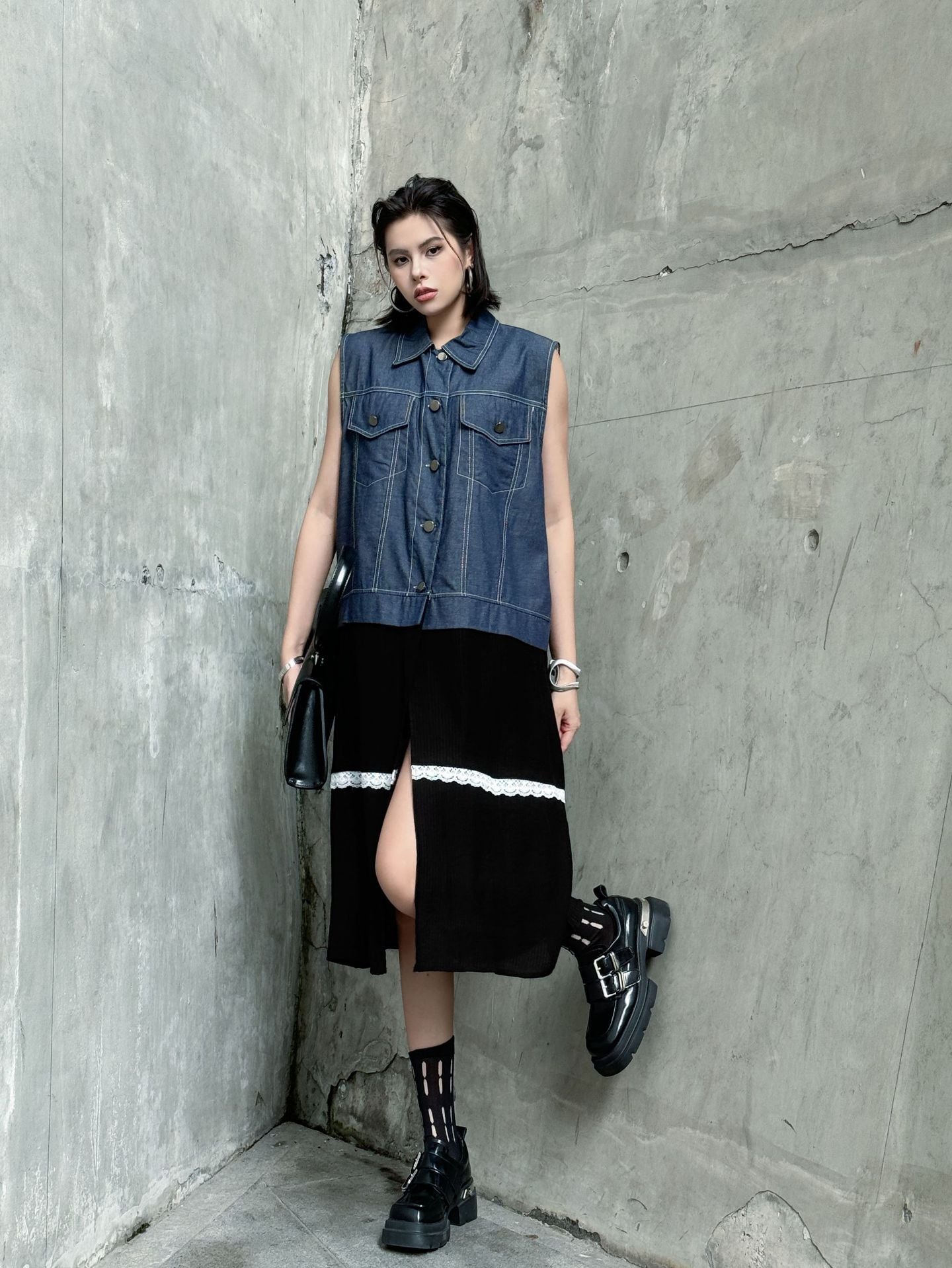 Scarf tie blouse and denim pants series