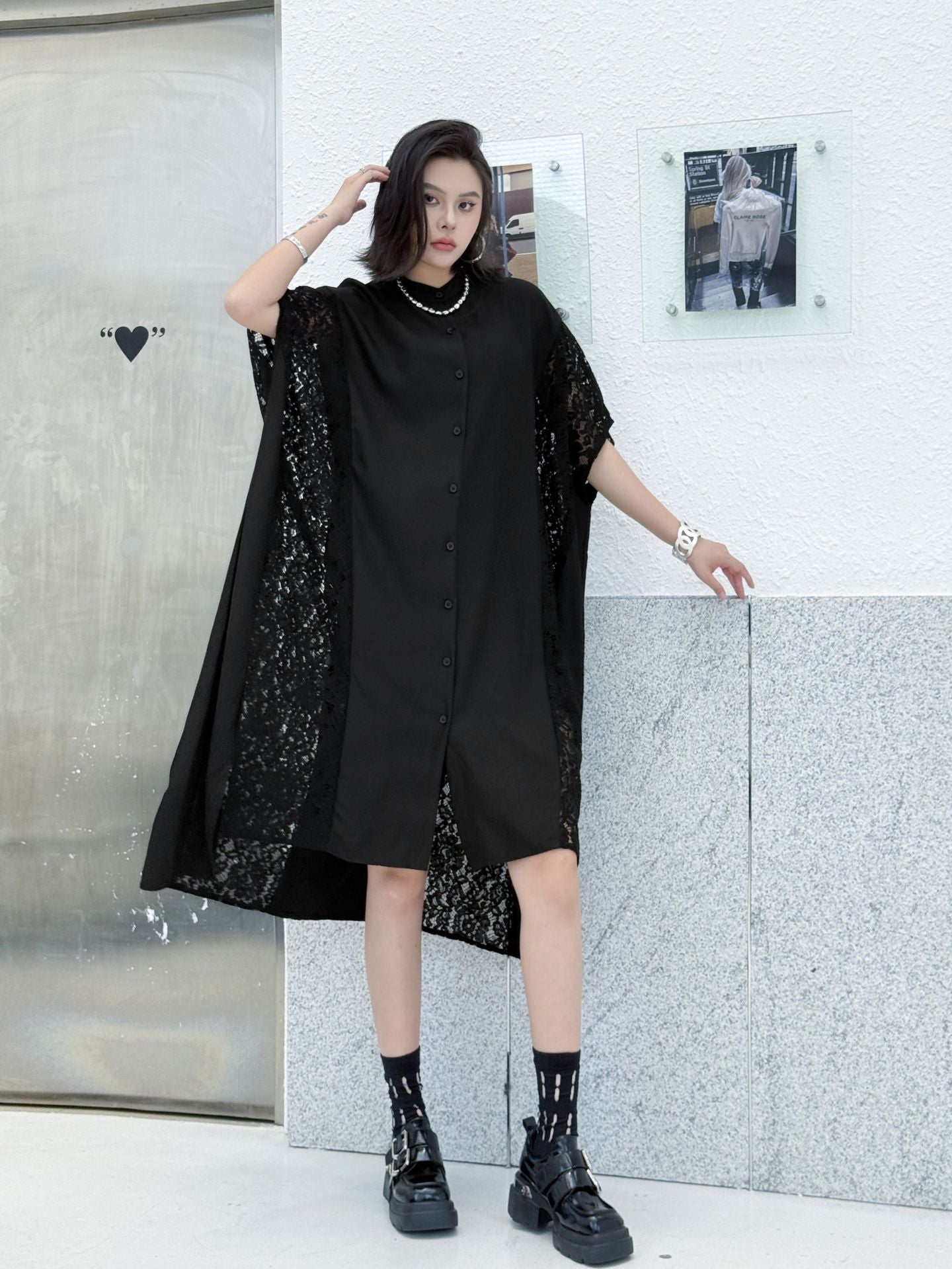 Lace slit shirt dress