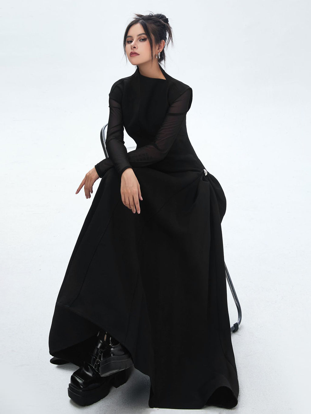 High neck long flared dress