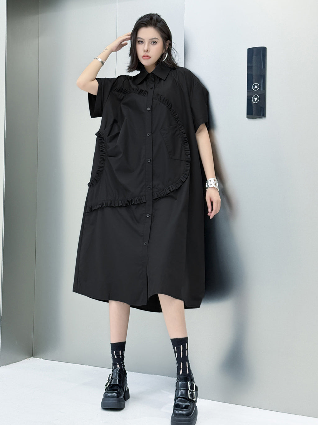 Round ruffle shirt dress