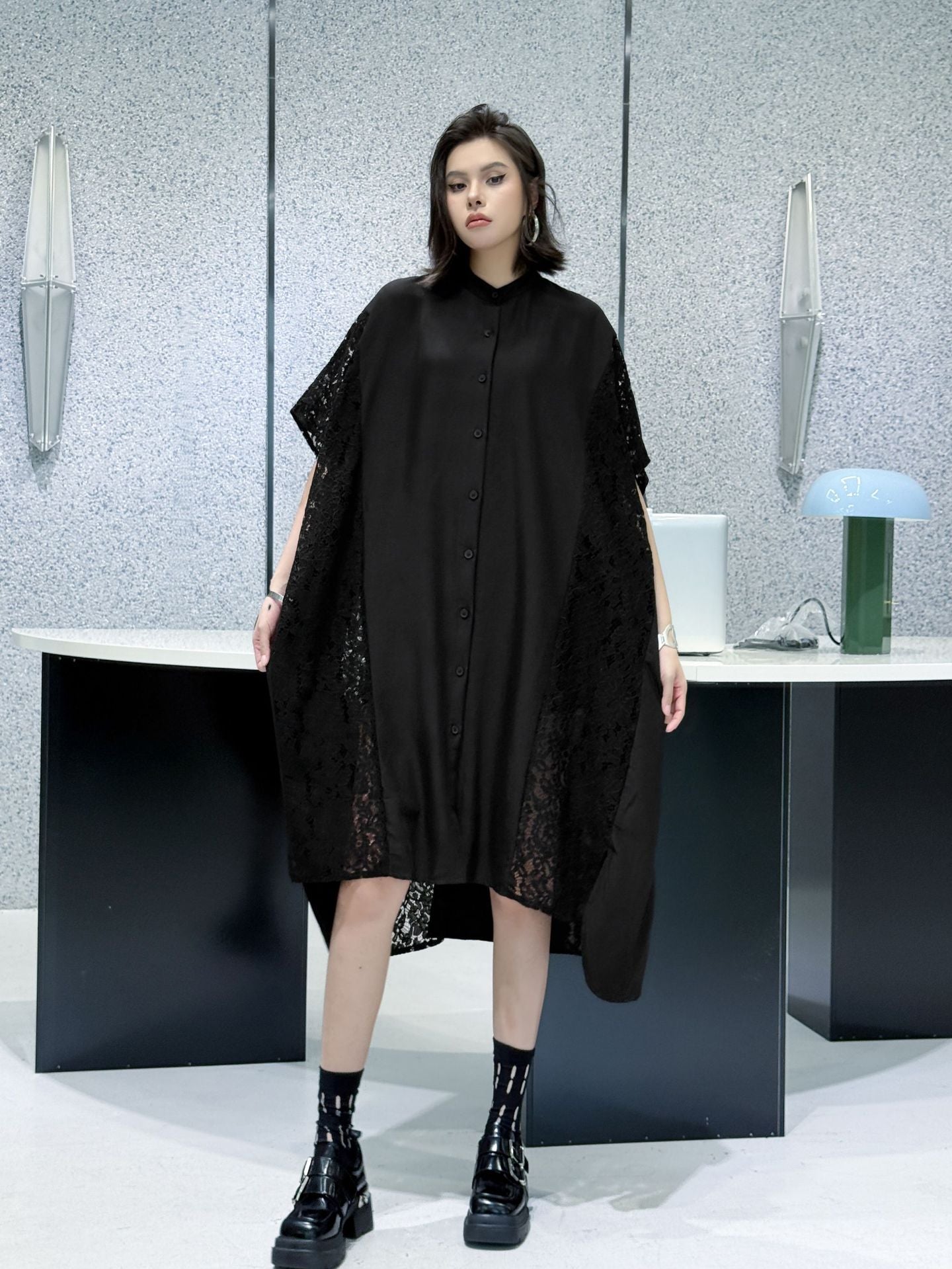 Lace slit shirt dress
