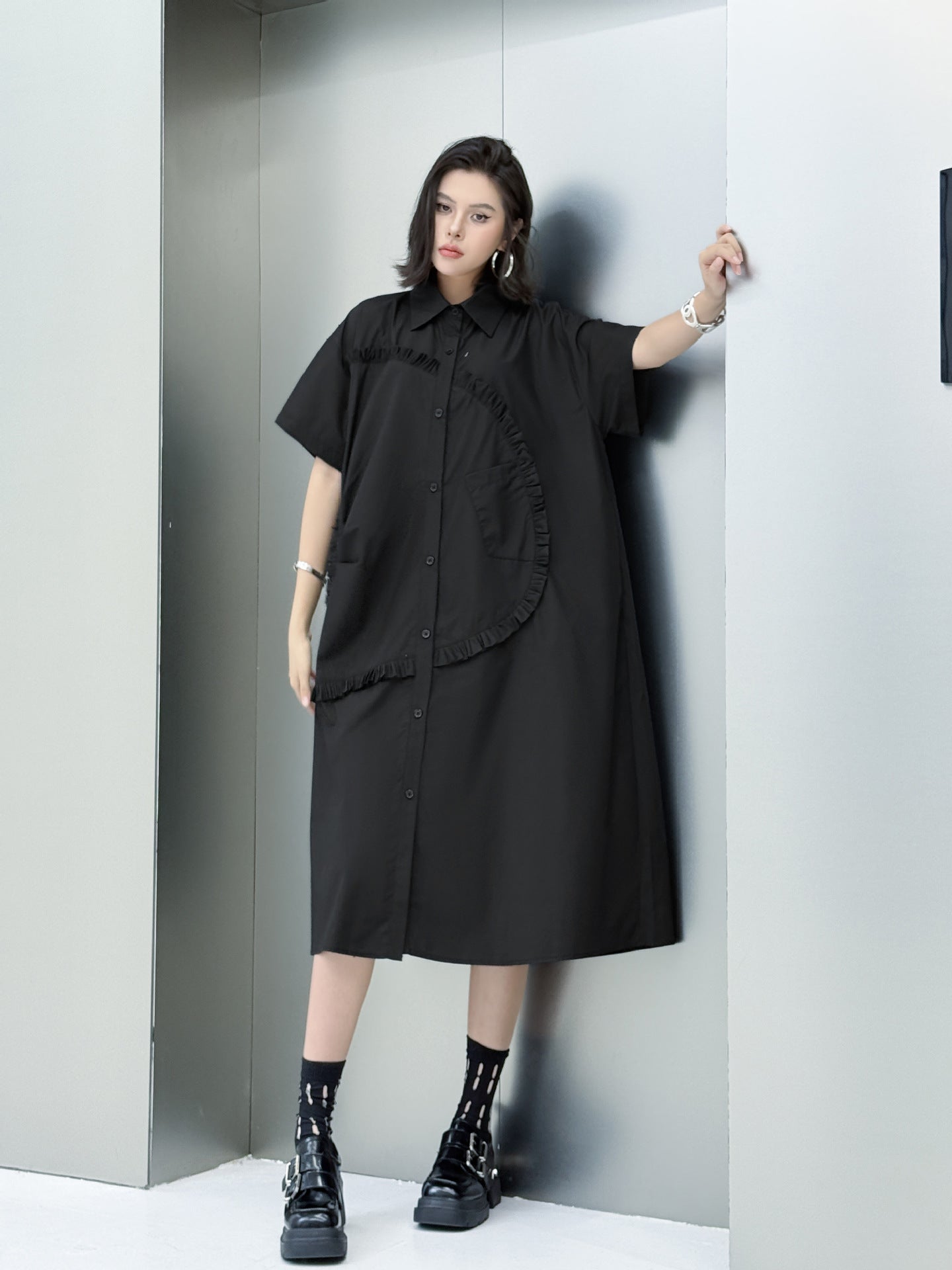 Round ruffle shirt dress
