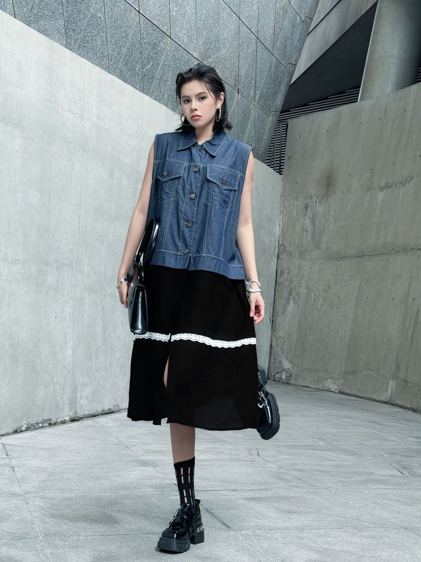 Scarf tie blouse and denim pants series