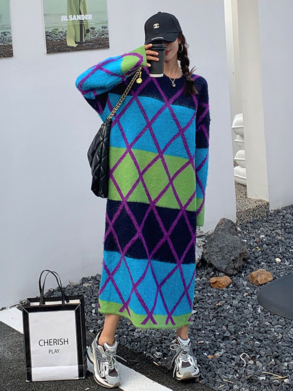 グラデーションアーガイルニットドレス