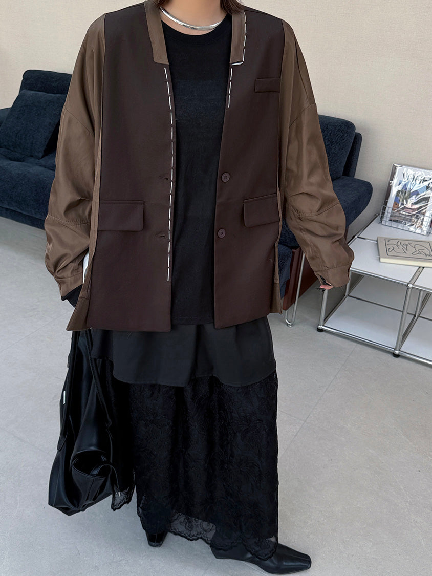 ノーカラーレイヤードジャケット