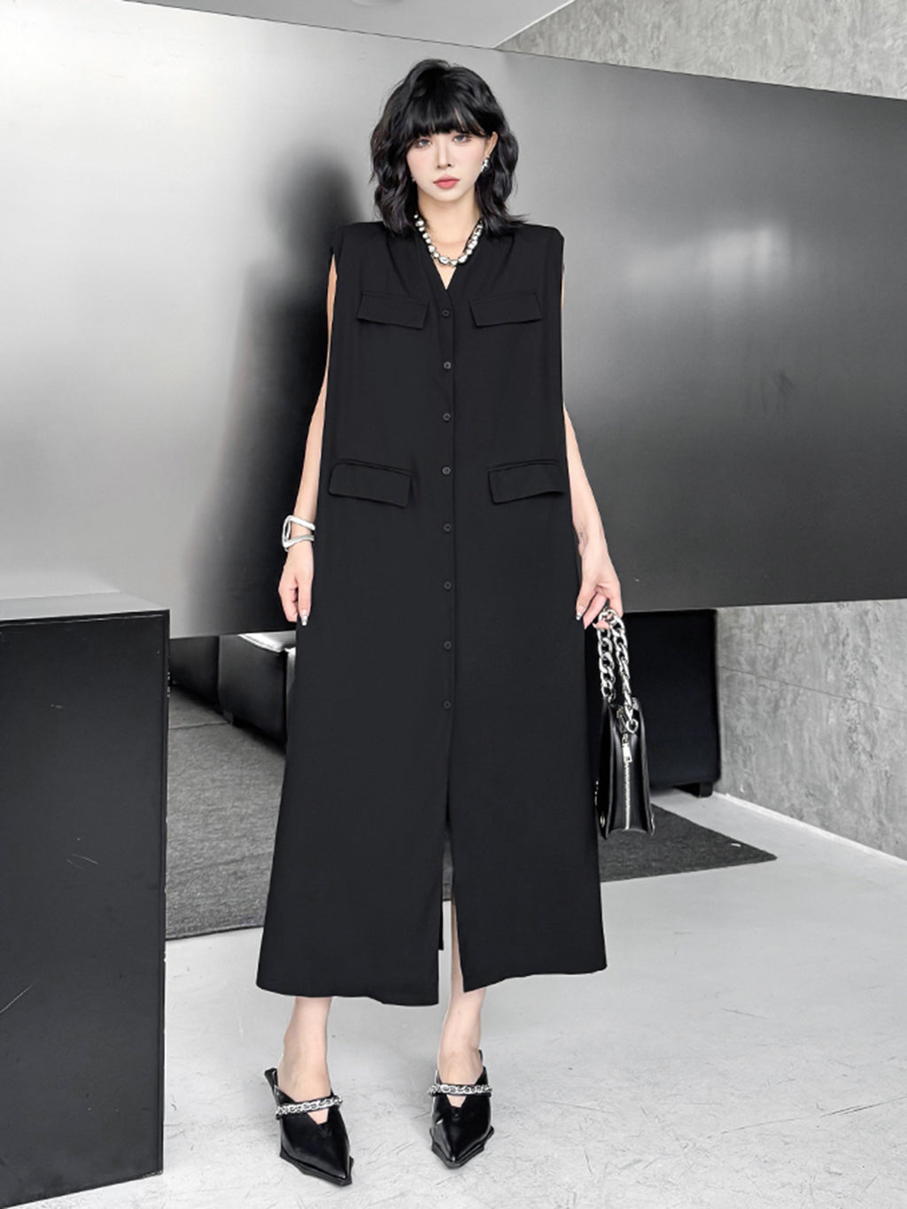 Pocket Detail Long Gilet Dress