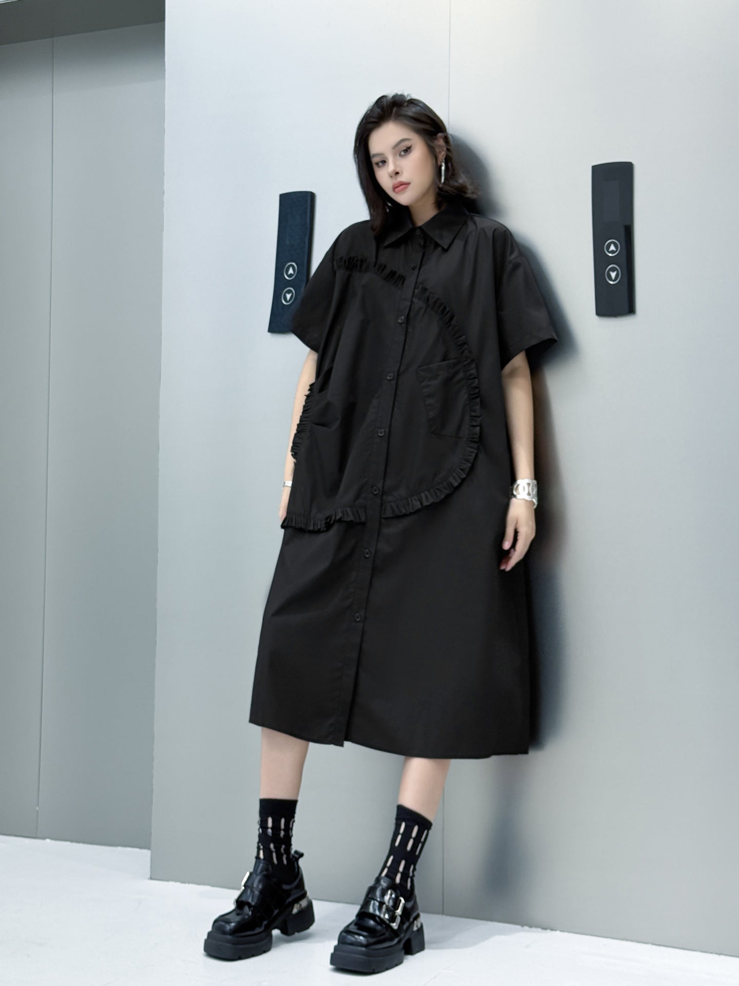 Round ruffle shirt dress