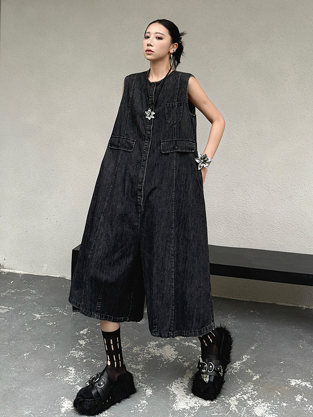 Black denim jumpsuit