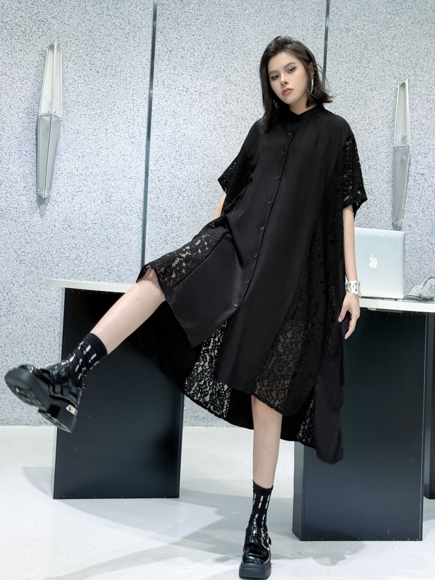 Lace slit shirt dress