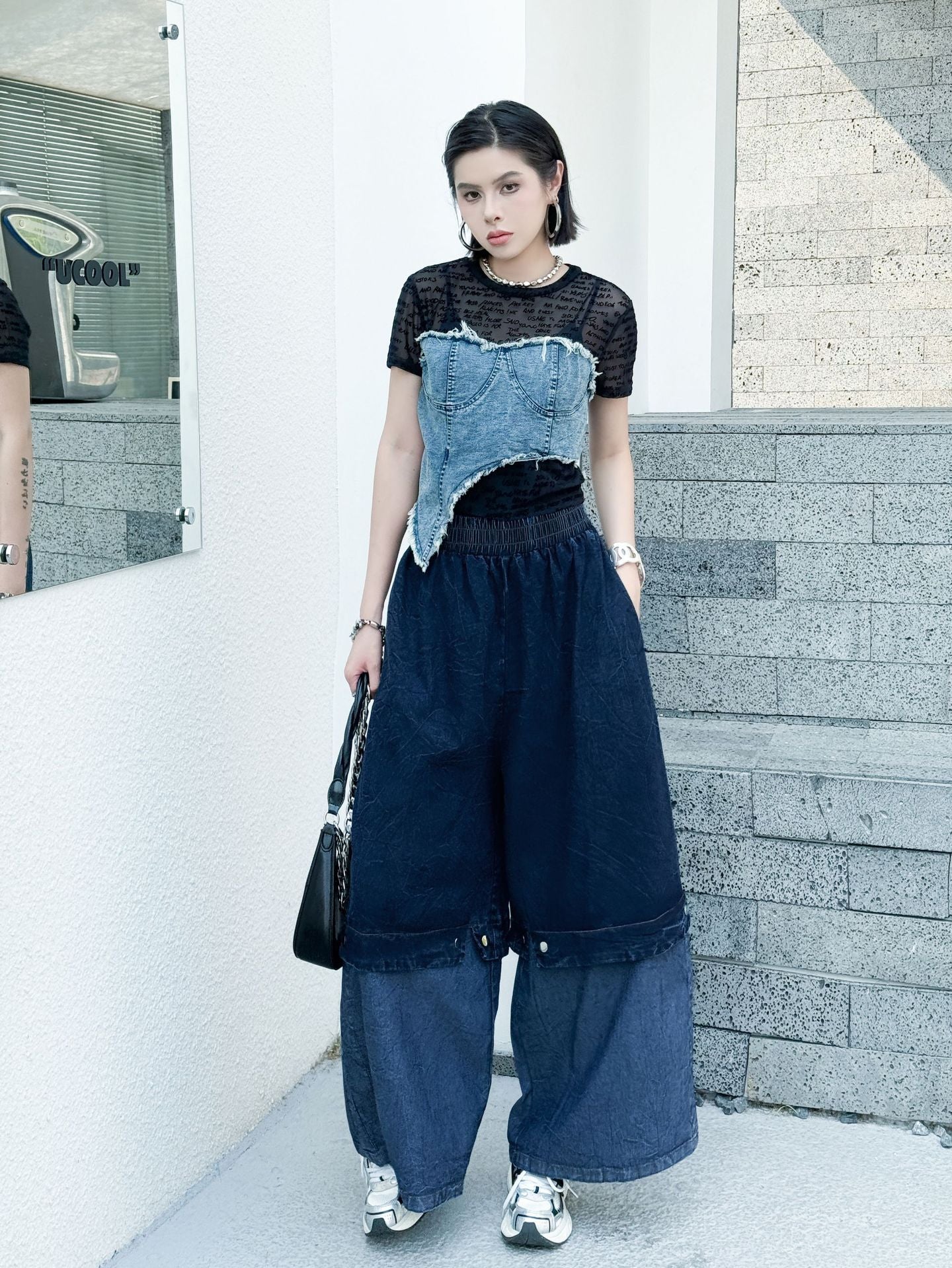 Scarf tie blouse and denim pants series