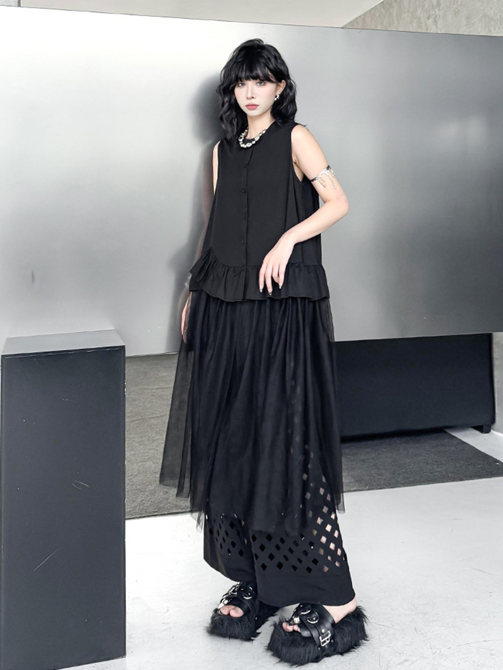 Tulle layered ruffle top