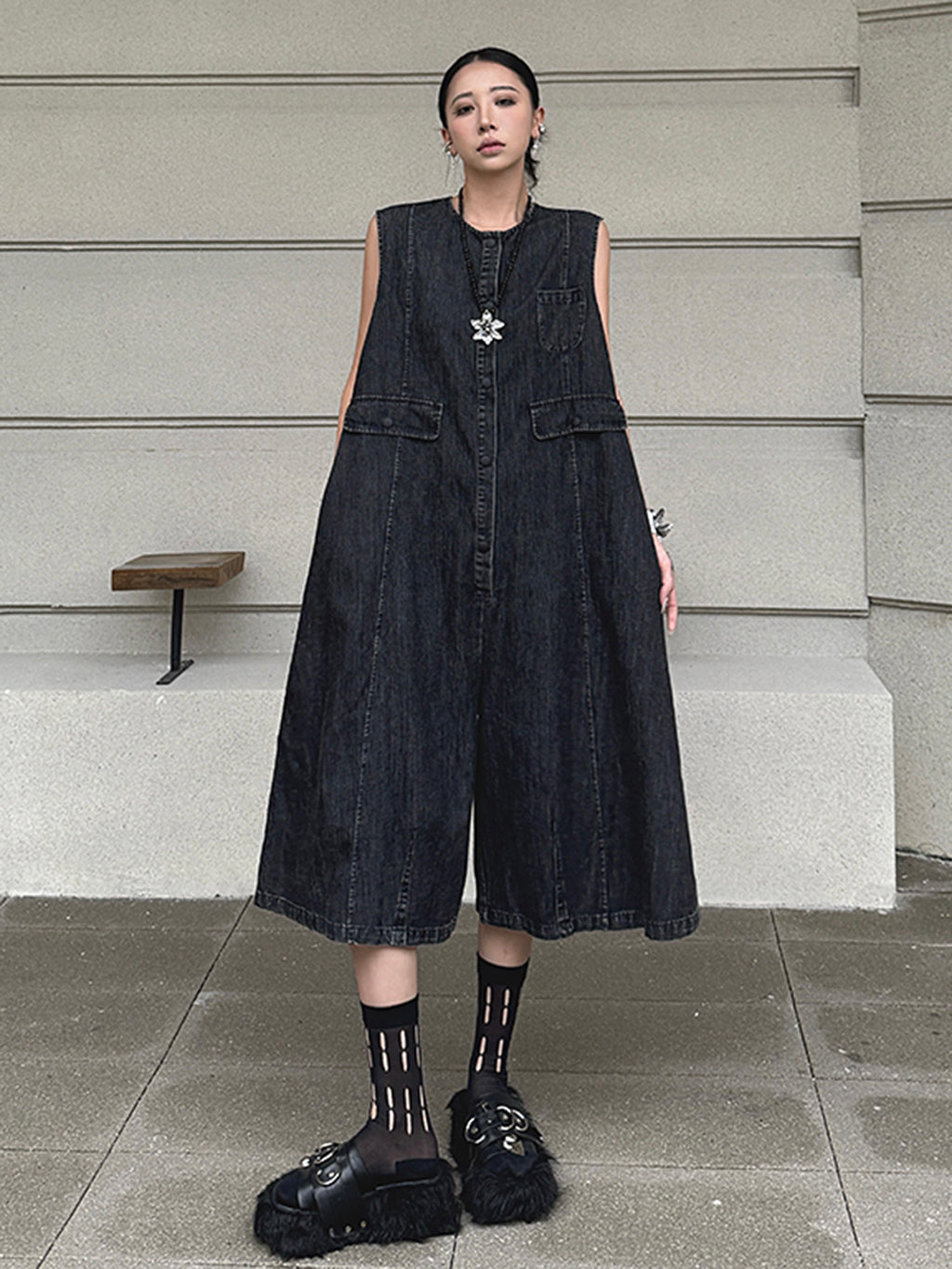 Black denim jumpsuit